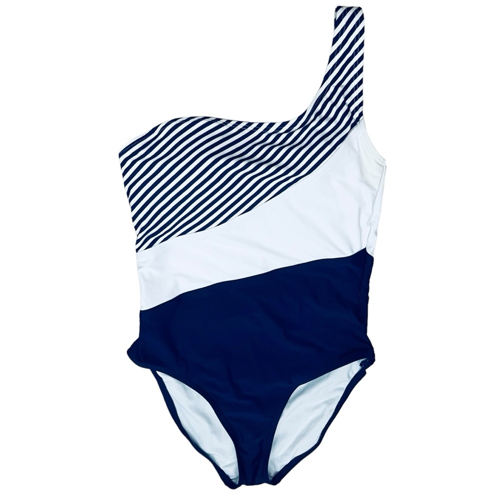 Kona Sol Swimsuit UPF 50+Navy White One Shoulder Striped One Piece M